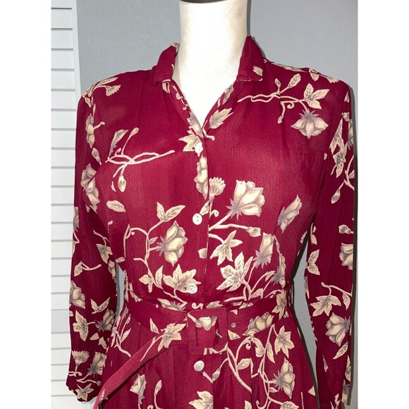 Passports Pier Imports Vintage Floral Midi Shirt Dress size S Belted Burgundy - Picture 2 of 10